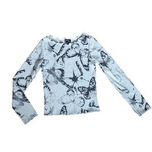 Art Class Girls Gray Butterfly Ribbed Long Sleeve Lettuce Edge Top Size Med 100